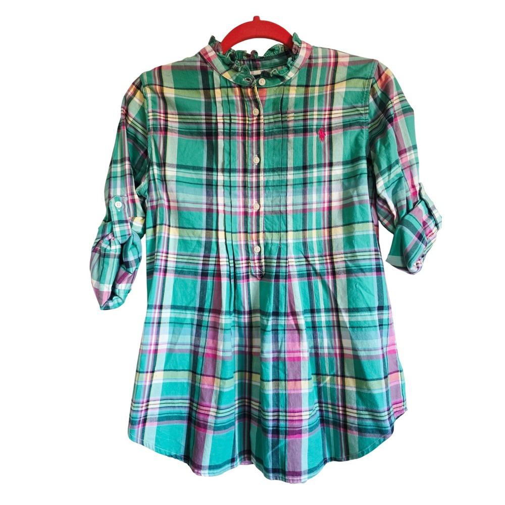 POLO Ralph Lauren Kids Plaid Ruffle Collar Dress‎ Girls 16 Green Pink Yellow